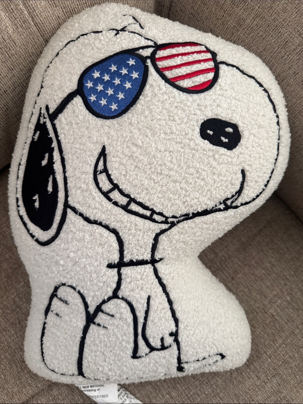 White Snoopy Plush Accent Pillow with American Flag Sunglasses